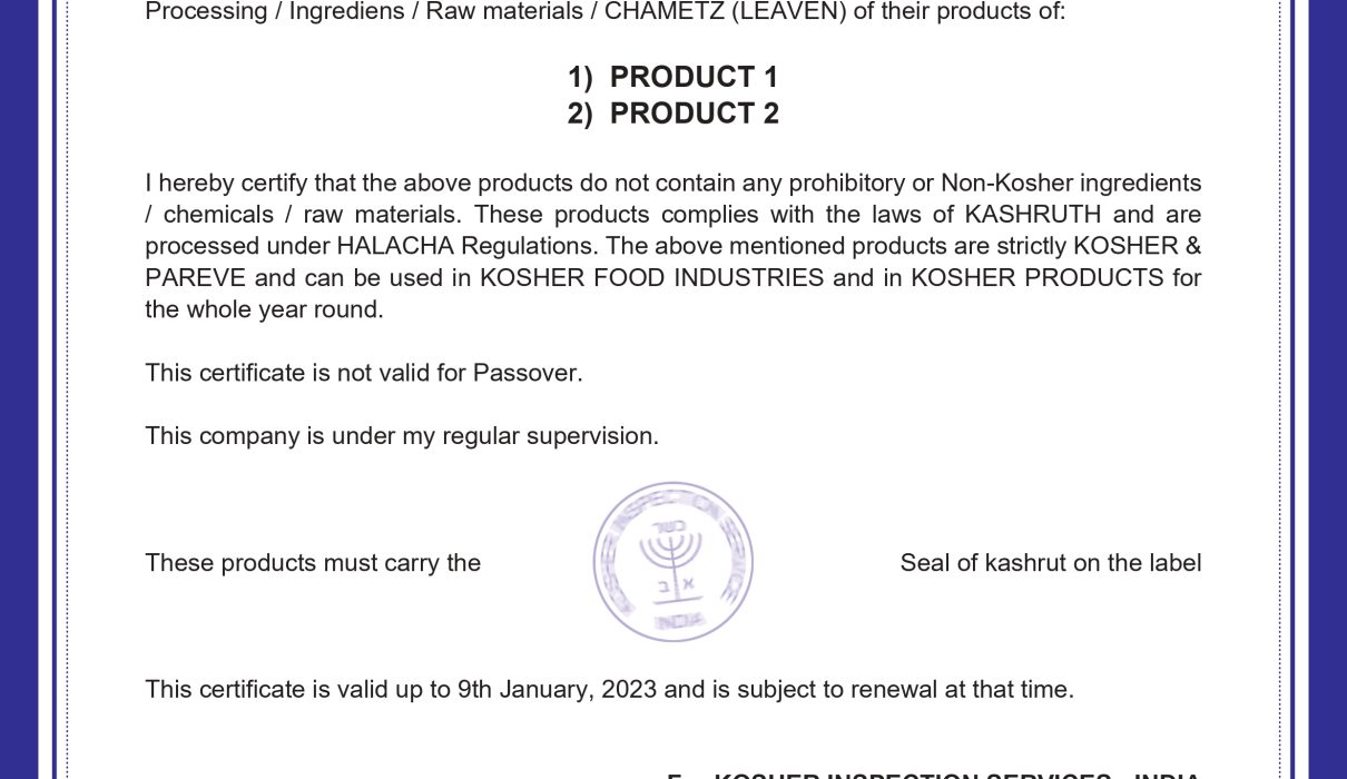 Globally Acceptable Kosher Certificate